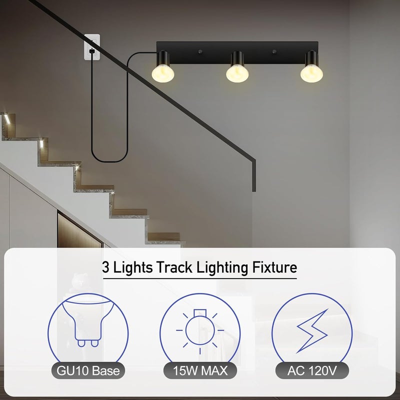Bricosmocon Plug-in Track Lighting, LED Track Lighting Fixtures Ceiling Kit, 16" Black Plug in Wall Light with 14.8ft Cord, 3-Light Ceiling Spotlight,Rotatable Kitchen Light Head for Bedroom Hallway(GU10,NO Bulb) - Image 4